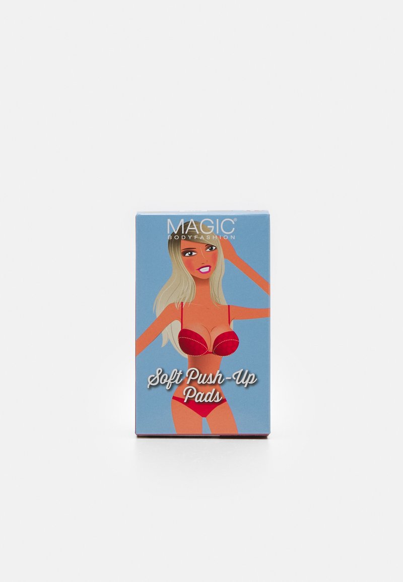 Box of "Soft Push-Up Pads" by Magic Bodyfashion. Blue background, illustrated figure wearing red lingerie, with text featuring product name prominently.