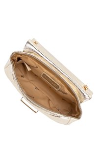 Gold metallic clutch bag with smooth texture, a rectangular shape, and a soft inner lining. Features a magnetic closure and inner branding.