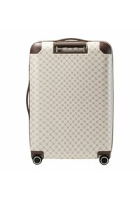 Walizka na kółkach z twardą skorupą w kolorze kremowym z wzorzystą powierzchnią. Posiada brązowe akcenty, górną rączkę oraz cztery wielokierunkowe kółka.