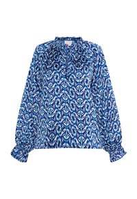Blusa blu con motivo a fantasia, colletto a volant, maniche lunghe e polsini arricciati. Presenta un design astratto intricato in diverse tonalità di blu.