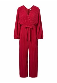 Rød plisseret jumpsuit med V-hals, lange ærmer og en knyttet taljebælte. Har strukturert stof og bred ben-design.