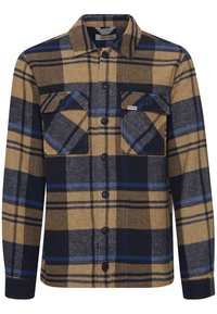 Camicia di flanella a quadri nei toni del marrone, blu navy e azzurro. Presenta due tasche sul petto, chiusura con bottoni e maniche lunghe con polsini abbottonati.