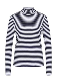 Langarm-Turtleneck-Shirt mit horizontalen blau-weiß gestreiften Mustern, aus weichem Stoff und mit körperbetontem Schnitt.
