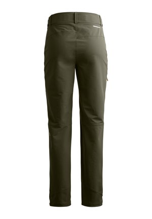 Olive-green outdoor pants made of stretch fabric, featuring a fitted design, flat pockets, and seamless detailing at the knees.