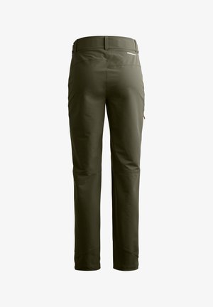 Olive-green outdoor pants made of stretch fabric, featuring a fitted design, flat pockets, and seamless detailing at the knees.