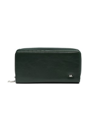 Dark green leather zip-around wallet with a silver zipper pull and small silver logo on the front bottom right corner.