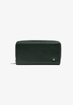 Portefeuille zippé en cuir vert foncé avec une tirette en métal argenté et un petit logo argenté en bas à droite à l'avant.
