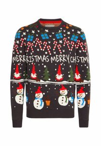 Jersey navideño de punto en gris oscuro, con coloridos muñecos de nieve, bastones de caramelo, árboles y regalos, con cuello redondo acanalado y mangas largas.