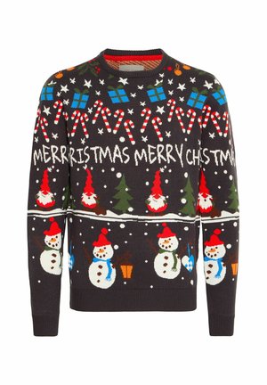 Jultröja i mörkgrått, stickad, med färgglada snögubbar, godisbåtar, träd och presenter, med ribbad rund hals och långa ärmar.
