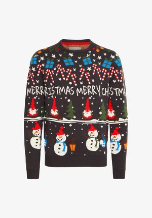 Sötét szürke kötött karácsonyi pulóver színes hóemberekkel, cukorbotokkal, fákkal és ajándékokkal, bordás kerek nyakkal és hosszú ujjakkal.