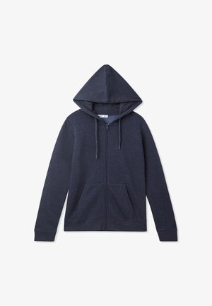 Felpa con zip blu navy realizzata in tessuto testurizzato, dotata di cappuccio, lacci per stringere e due tasche frontali. Design semplice e funzionale.