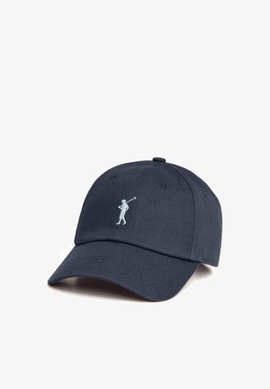 Gorra de béisbol azul marino oscuro con un pequeño bordado blanco de un golfista balanceando un palo en el panel frontal, visera curvada y ojales de ventilación.