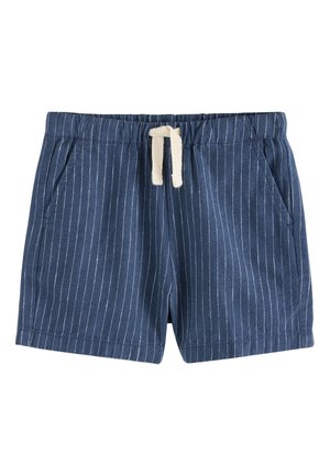 Pantalones cortos de algodón azul con rayas verticales blancas, cintura elástica con cordón blanco y bolsillos laterales sobre fondo blanco.