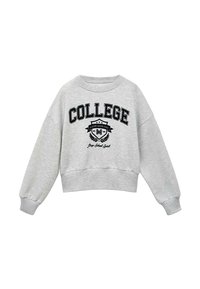 Felpa grigia con scollo rotondo, spalle scese e maniche lunghe. Presenta il testo "COLLEGE" e un emblema in lettere nere sul davanti.