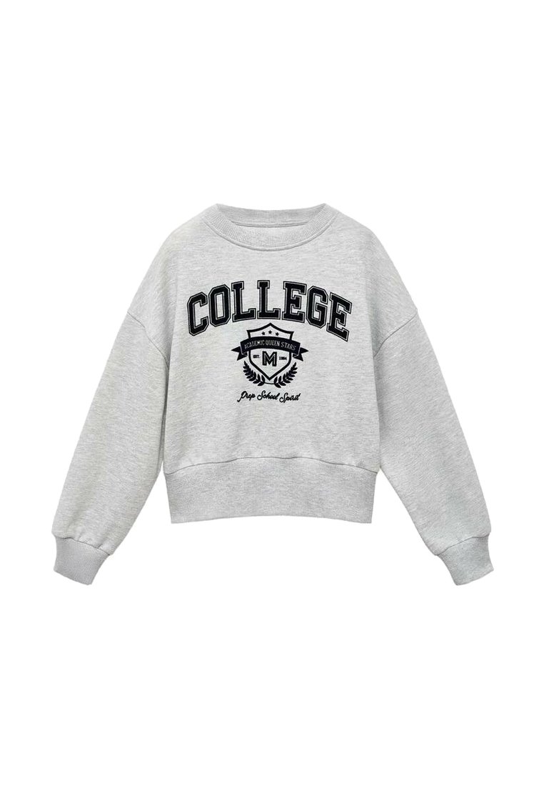 Felpa grigia con scollo rotondo, spalle scese e maniche lunghe. Presenta il testo "COLLEGE" e un emblema in lettere nere sul davanti.