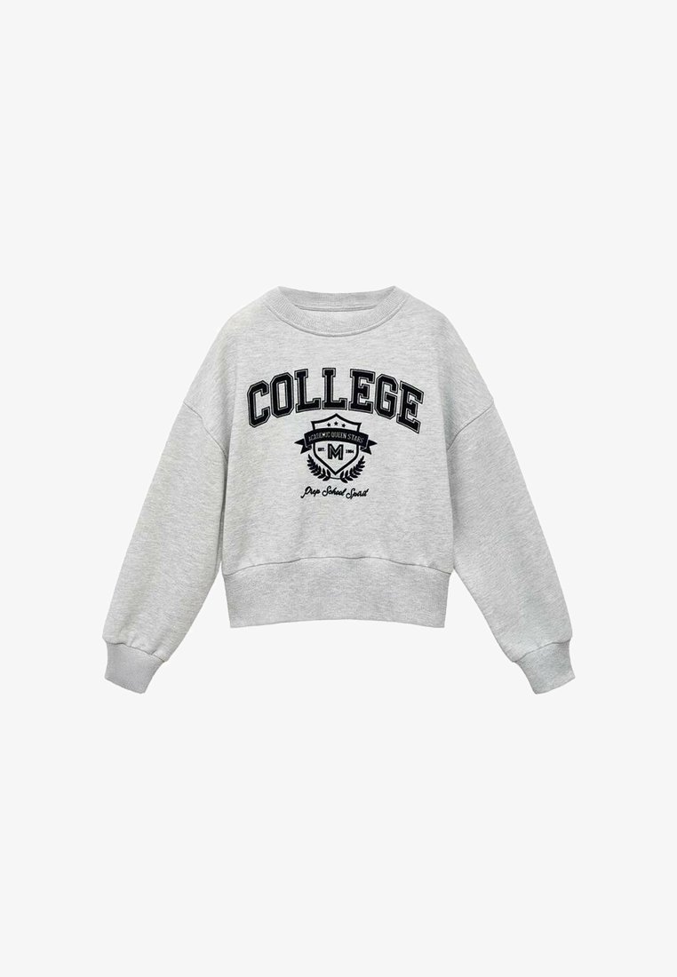 Felpa grigia con scollo rotondo, spalle scese e maniche lunghe. Presenta il testo "COLLEGE" e un emblema in lettere nere sul davanti.
