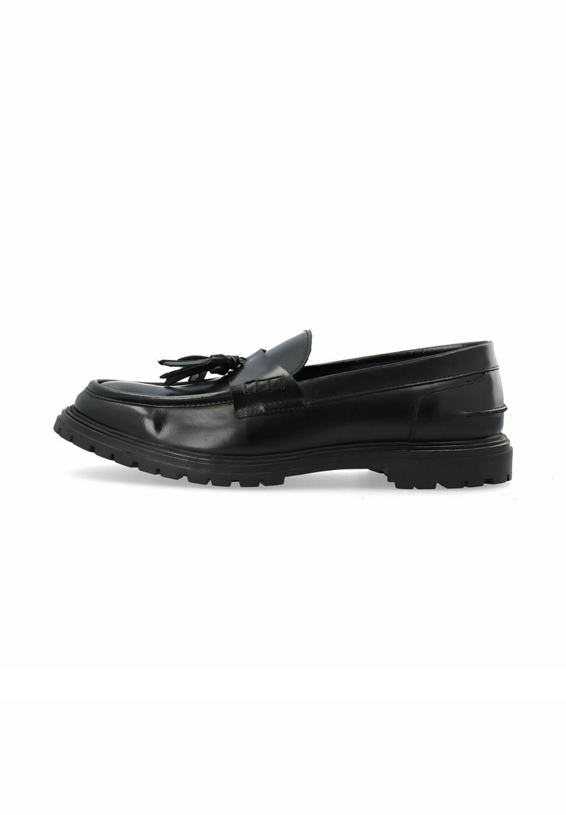 Schwarze Lederloafers mit runder Zehenform, dekorativen Quasten und einer robusten Sohle. Glatte Textur mit minimalen Nähten.