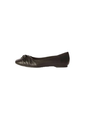 Black leather flat shoe with a twisted knot detail at the toe, rounded front, and a slim, flat sole. Smooth texture throughout.