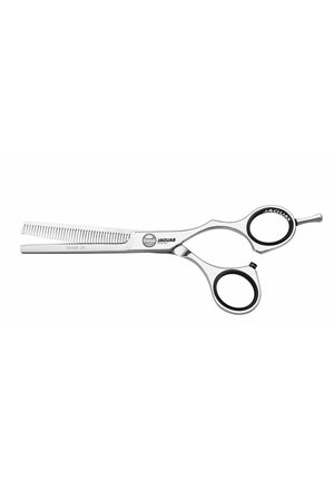 Jaguar SMART 39 hair scissors with stainless steel construction, straight blades, one notched, and black rubber finger grips.