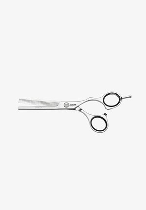 Jaguar SMART 39 hair scissors with stainless steel construction, straight blades, one notched, and black rubber finger grips.