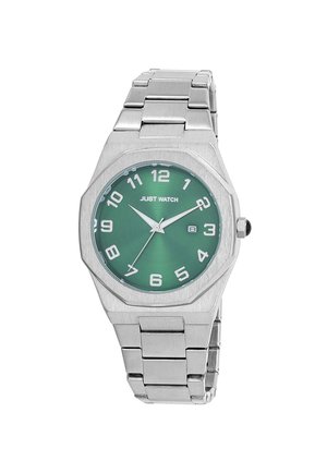 Silver stainless steel watch with an octagonal case, green dial, large white numbers, and a date display. Features a metal link bracelet.