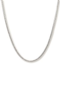 Collana in argento con un design flessibile a forma di serpente, caratterizzata da segmenti interconnessi, una texture liscia e una finitura lucida.