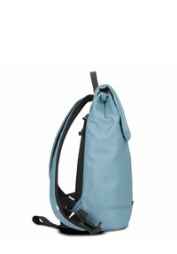 Light blue roll-top backpack made of waterproof material with black straps; sleek design, curved shape, and adjustable shoulder straps.