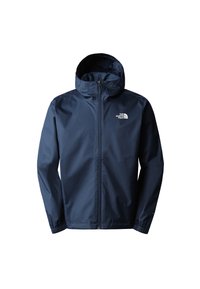 Chaqueta impermeable ligera de color azul marino con cierre completo, capucha ajustable, puños elásticos y un pequeño logotipo blanco en el pecho.