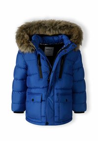 Blå puffjacka med huva klädd i fuskpäls, med elastiska ärmslut, dragkedja och tryckknappar framtill, samt två framfickor. Texturerad yta.