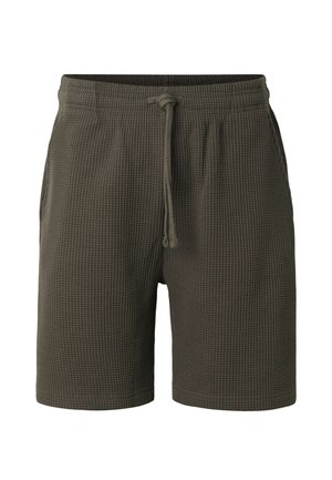 Sötétzöld, texturált anyagból készült rövidnadrág elasztikus derékpánttal és elöl húzózsinórral, oldalzsebekkel.