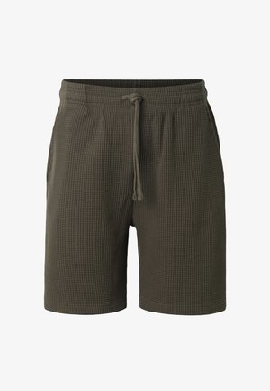 Sötétzöld, texturált anyagból készült rövidnadrág elasztikus derékpánttal és elöl húzózsinórral, oldalzsebekkel.