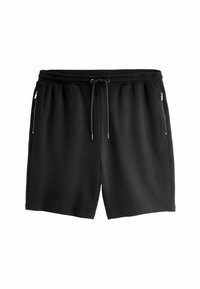 Shorts de sport noirs en tissu texturé, dotés d'une taille élastique avec cordon de serrage et de deux poches latérales zippées.