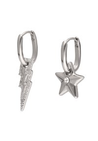 Náušnice ve stříbrném tónu s bleskem zdobeným kamínky a hvězdou s čirým kamínkem uprostřed, obojí s obručovými zapínáními.