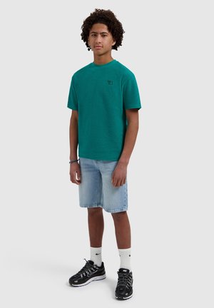 Tiener met krullend haar, gekleed in een groenblauw T-shirt, lichte denimshorts, witte Nike-sokken en zwarte Nike-sneakers, staand tegen een effen achtergrond.