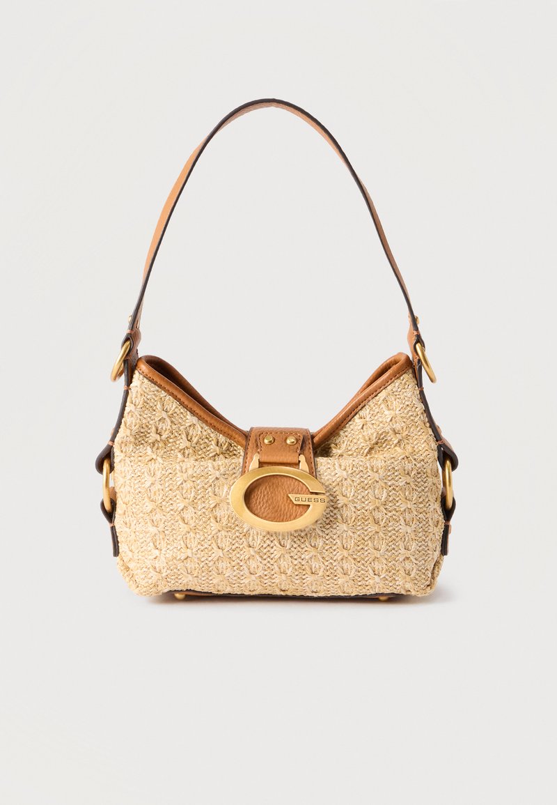 Μικρή μπεζ πλεκτή τσάντα με καφέ δερμάτινη επένδυση, κούμπωμα με χρυσή πόρπη και έναν μοναδικό ιμάντα ώμου.