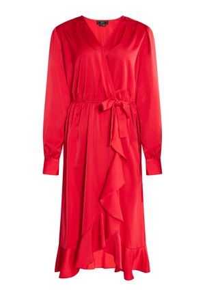 Červené šaty s wrap stylem z saténové látky, s dlouhými rukávy, páskem v pase a volánkovým lemem. Výrazný výstřih do V a hladká textura.