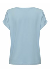 Chemise bleu clair à manches courtes avec poignets retroussés, encolure ronde et ourlet droit, vue de dos sur fond blanc.