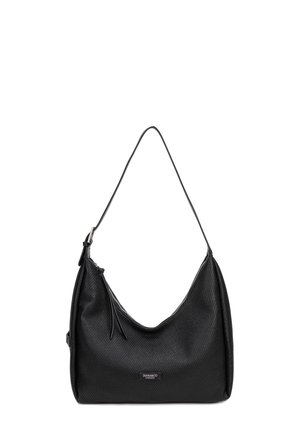 Borsa a tracolla nera con texture, tracolla lunga, chiusura con zip e piccolo patch con logo "DIANA&CO FIRENZE" sulla parte frontale.