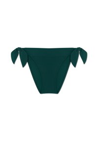 Ciemnozielone bikini dolne z gładkiego, teksturowanego materiału. Posiada węzły po bokach umożliwiające regulację dopasowania. Klasyczny krój i minimalistyczny design.