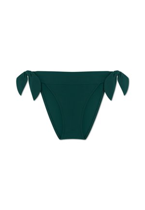 Dark green bikini bottom with a smooth, textured fabric. Features knot ties on each side for adjustable fit. Classic cut and minimalistic design.
