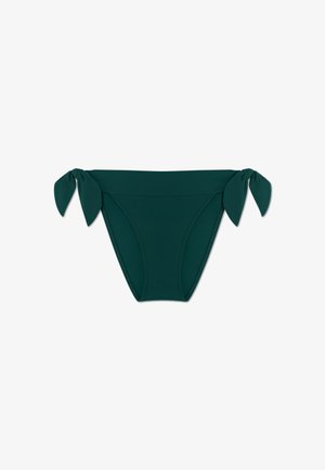 Dark green bikini bottom with a smooth, textured fabric. Features knot ties on each side for adjustable fit. Classic cut and minimalistic design.