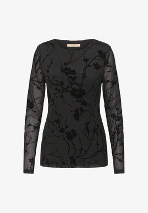 Blusa nera a maniche lunghe con maniche trasparenti e un motivo floreale a trama, dotata di scollatura a girocollo e silhouette aderente.