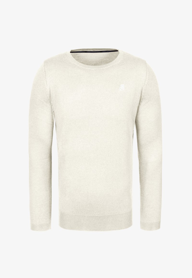 Ljusgrå tröja tillverkad av mjukt material. Klassisk rundhalsdesign med långa ärmar och en liten logotyp på bröstet. Mjuk textur.