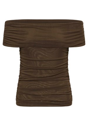 Smeđa uska majica s naglašenim nabranim detaljem i izrezom s jednog ramena, slojeviti materijal oko vrata i tijela, bez rukava i rastezljiva tkanina.