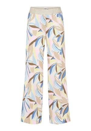 Weite Hosen mit abstraktem Blattmuster in Pastellfarben, darunter Rosa, Blau, Gelb und Beige, mit einem hellbeigen elastischen Bund.