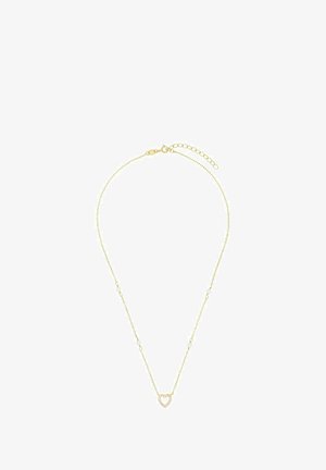 Collar de cadena de oro con pequeñas cuentas blancas y un colgante en forma de corazón, que presenta un diseño delicado y longitud ajustable.