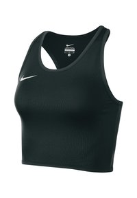 Zwart sportief crop top gemaakt van gladde stof met een racerback ontwerp. Bevat een wit Nike-logo op de linkerborst.