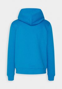Sudadera con capucha en un vibrante azul, que presenta mangas largas, una textura suave y puños y dobladillo de punto. La parte trasera es lisa y sin patrones.
