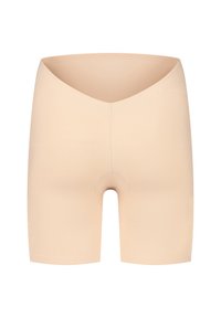 Beige compressiekorte broekjes met een hoge V-vormige tailleband en glad elastisch materiaal. Voorzien van een ronde uitsnijding in het midden voor ademend vermogen.