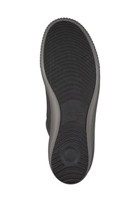 Suola di scarpa in gomma nera con un motivo testurizzato, forma curvata e un accento grigio attorno ai bordi. Presenta il nome del marchio impresso.